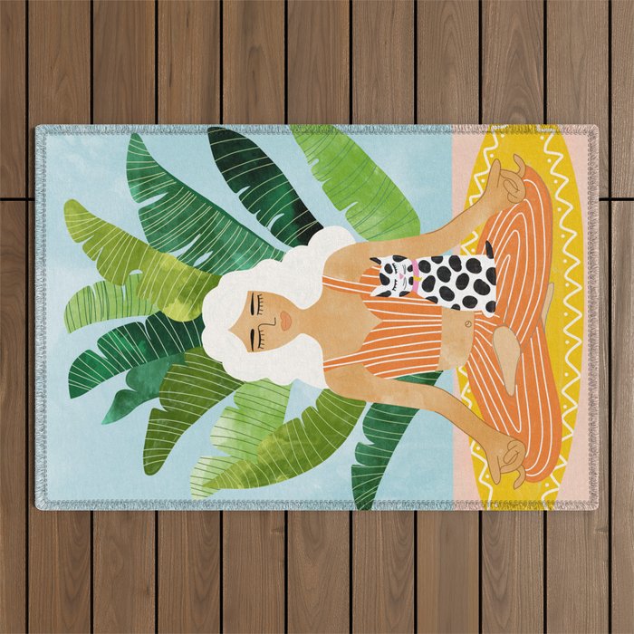 Meditation With Thy Cat Poster | Blonde Woman Of Color | Tropical Banana Leaves Quirky Pet Workout  Outdoor Rug