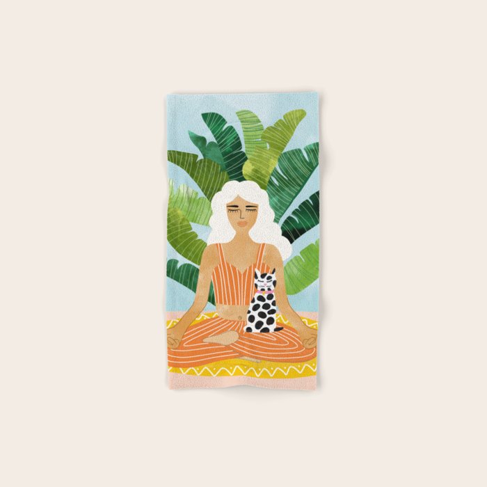 Meditation With Thy Cat Poster | Blonde Woman Of Color | Tropical Banana Leaves Quirky Pet Workout  Bath Towel
