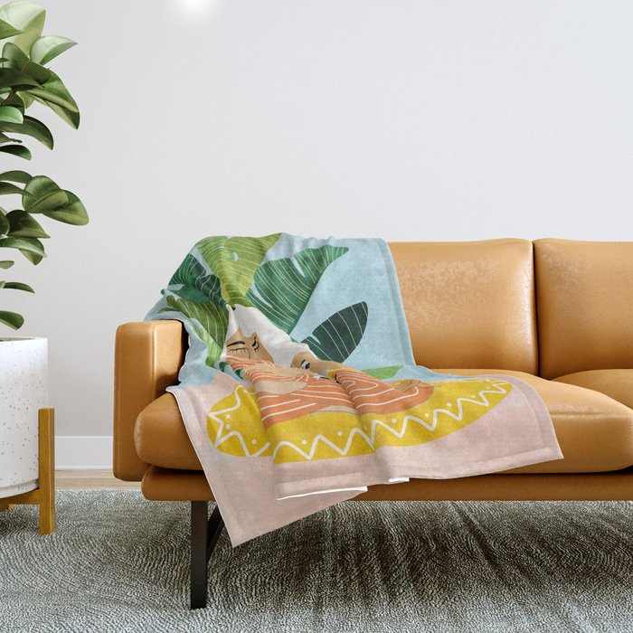 Meditation With Thy Cat Poster | Blonde Woman Of Color | Tropical Banana Leaves Quirky Pet Workout  Throw Blanket