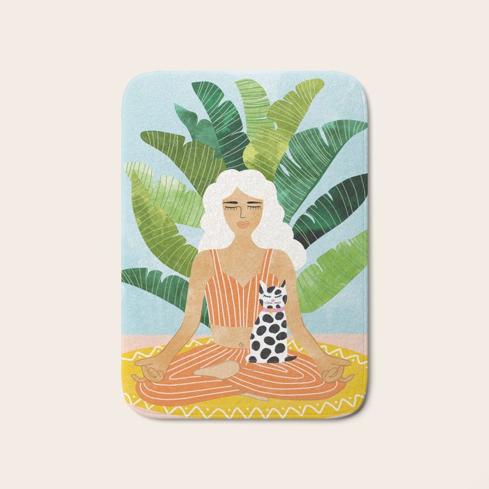 Meditation With Thy Cat Poster | Blonde Woman Of Color | Tropical Banana Leaves Quirky Pet Workout  Bath Mat