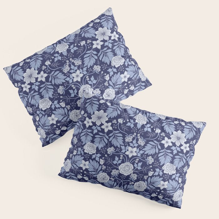 Light Blue, Cobalt Blue, & White Floral Pattern Pillow Sham