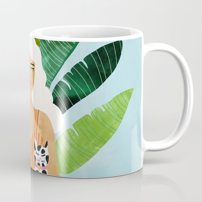 Meditation With Thy Cat Poster | Blonde Woman Of Color | Tropical Banana Leaves Quirky Pet Workout  Coffee Mug