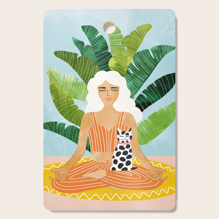 Meditation With Thy Cat Poster | Blonde Woman Of Color | Tropical Banana Leaves Quirky Pet Workout  Cutting Board