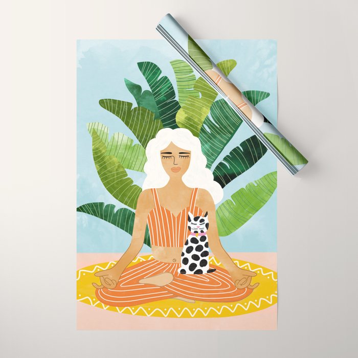 Meditation With Thy Cat Poster | Blonde Woman Of Color | Tropical Banana Leaves Quirky Pet Workout  Wrapping Paper