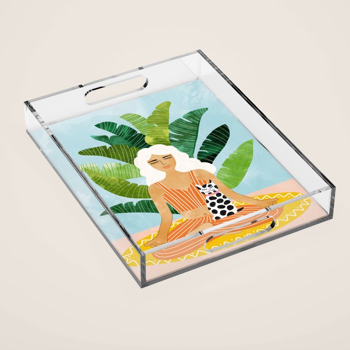 Meditation With Thy Cat Poster | Blonde Woman Of Color | Tropical Banana Leaves Quirky Pet Workout  Acrylic Tray