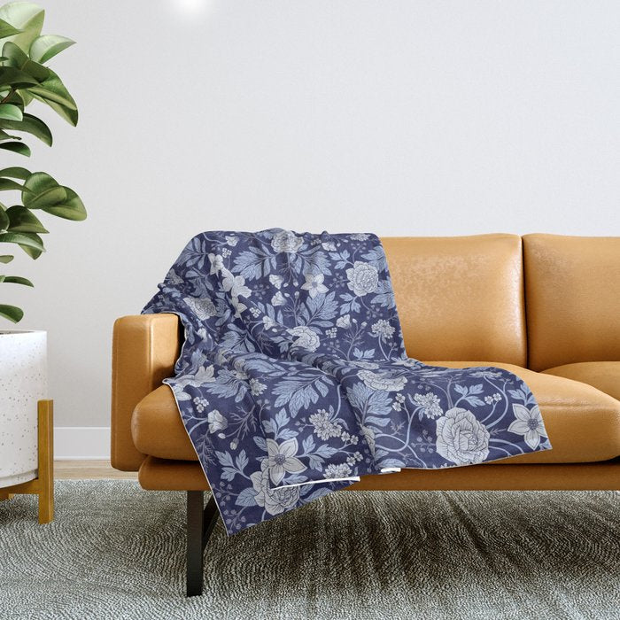 Light Blue, Cobalt Blue, & White Floral Pattern Throw Blanket