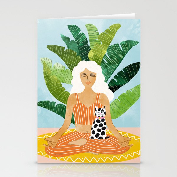 Meditation With Thy Cat Poster | Blonde Woman Of Color | Tropical Banana Leaves Quirky Pet Workout  Stationery Card