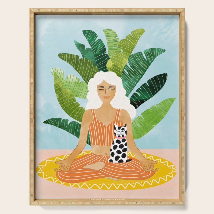 Meditation With Thy Cat Poster | Blonde Woman Of Color | Tropical Banana Leaves Quirky Pet Workout  Serving Tray