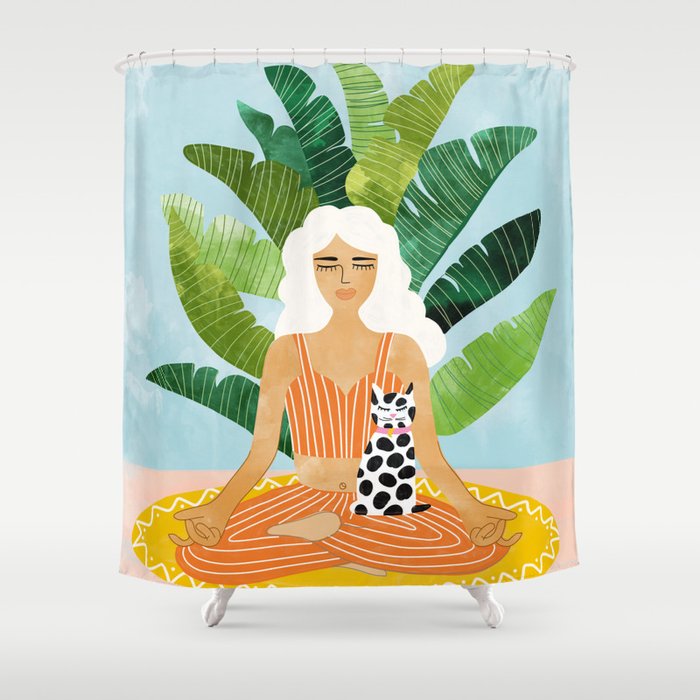 Meditation With Thy Cat Poster | Blonde Woman Of Color | Tropical Banana Leaves Quirky Pet Workout  Shower Curtain