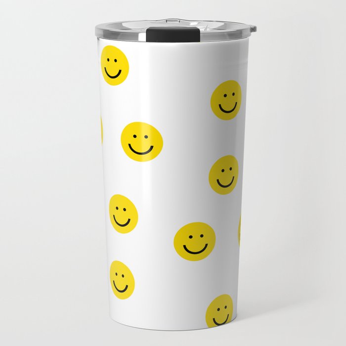 Smiley Faces White Yellow Happy Simple Smiley Pattern Smile Face Kids Nursery Boys Girls Decor Travel Mug