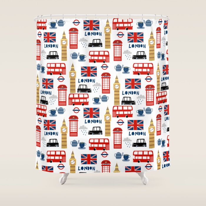 London Travel Pattern Cute England Print For Nursery Kids Room Boys Or Girls Decor Shower Curtain