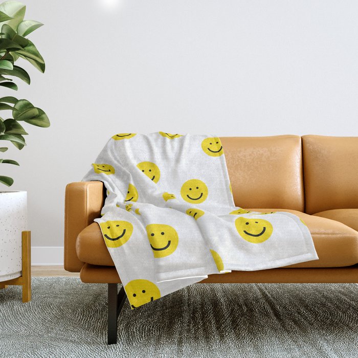 Smiley Faces White Yellow Happy Simple Smiley Pattern Smile Face Kids Nursery Boys Girls Decor Throw Blanket