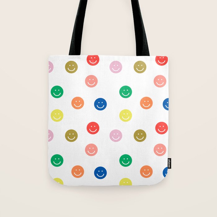 Smiley Faces Happy Simple Rainbow Colors Pattern Smile Face Kids Nursery Boys Girls Decor Tote Bag