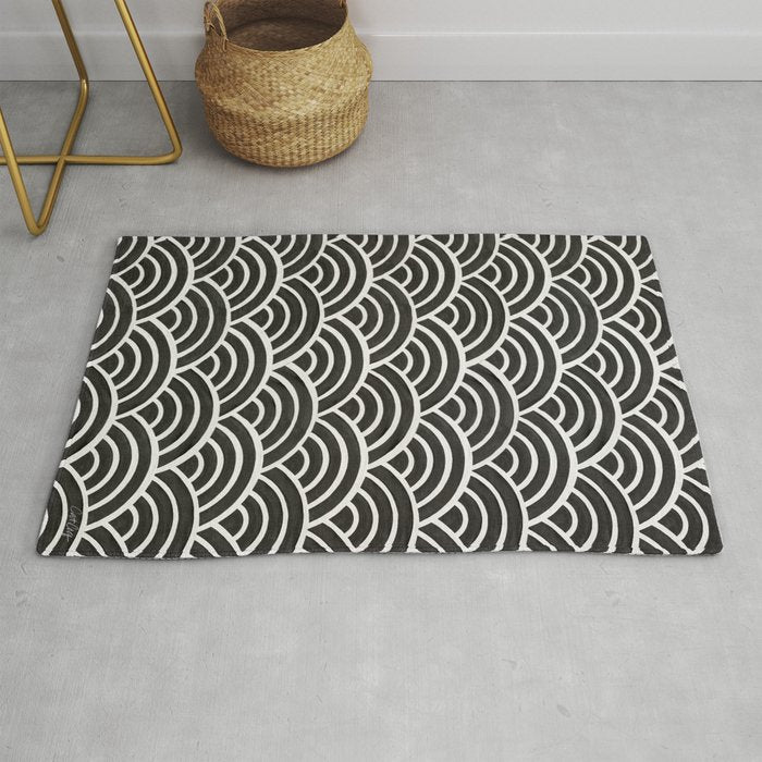 Japanese Seigaiha Wave - Black & White Palette Rug