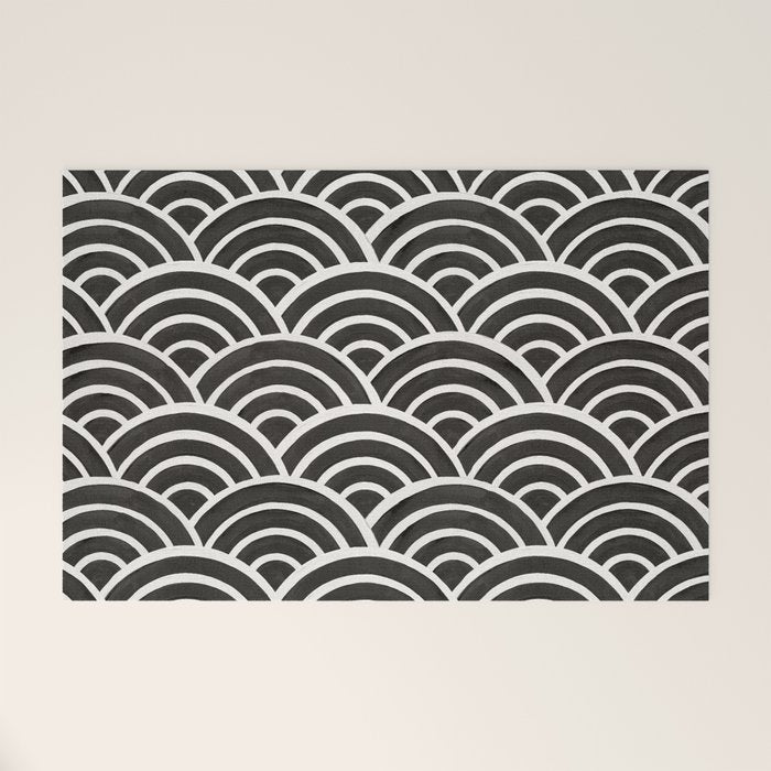 Japanese Seigaiha Wave - Black & White Palette Welcome Mat