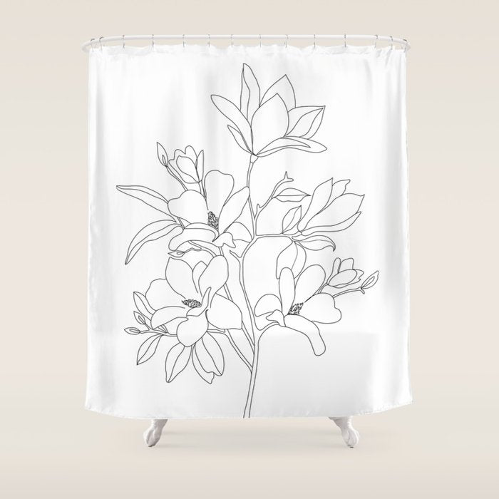 Minimal Line Art Magnolia Flowers Shower Curtain