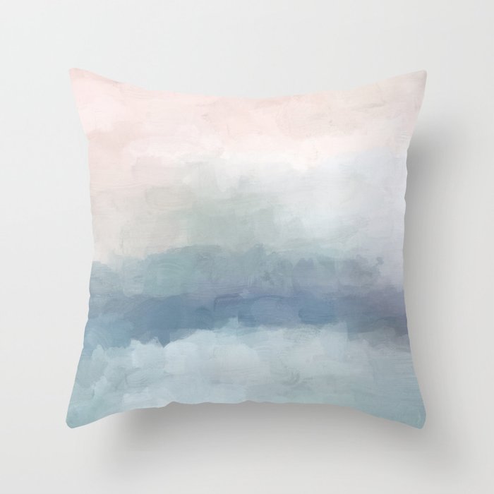 Atlantic Ocean Sunrise Iii - Blush Pink Mint Sky Baby Blue Abstract Sky Art Water Clouds Painting Throw Pillow