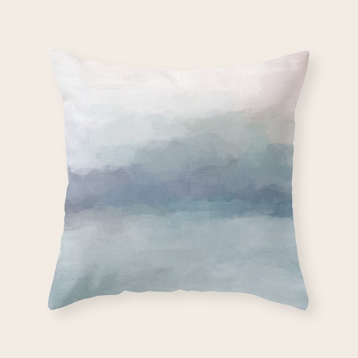 Atlantic Ocean Sunrise I - Blush Pink Mint Sky Baby Blue Abstract Sky Wall Art Water Clouds Painting Throw Pillow