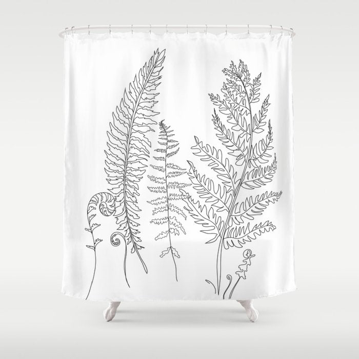 Minimal Line Art Fern Leaves Shower Curtain