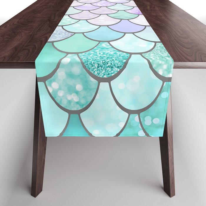 Cute Mermaid Pattern, Pink, Purple, Teal, Pastel Aesthetics Table Runner