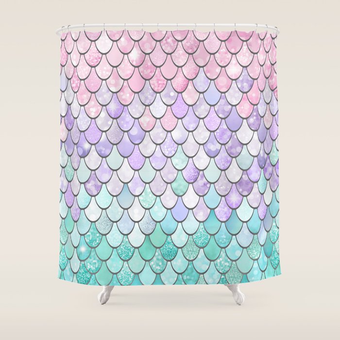 Cute Mermaid Pattern, Pink, Purple, Teal, Pastel Aesthetics Shower Curtain