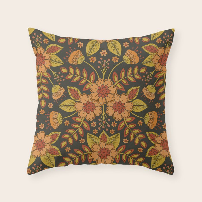 Orange, Peach, Olive Green & Dark Gray Floral Pattern Throw Pillow