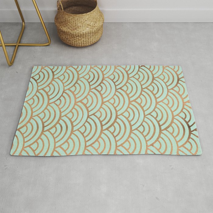 Japanese Seigaiha Wave - Mint & Copper Palette Rug