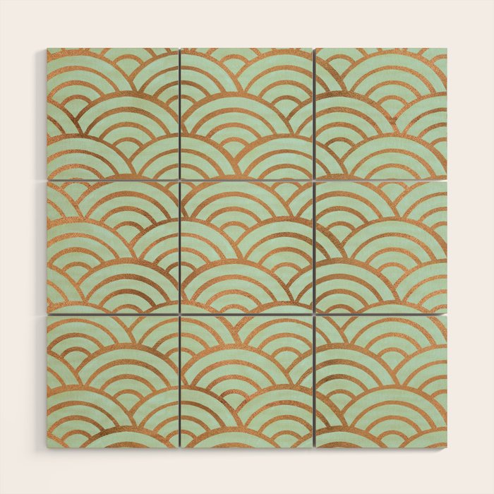 Japanese Seigaiha Wave - Mint & Copper Palette Wood Wall Art