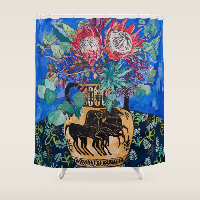 Painterly Bouquet Of Proteas In Greek Horse Urn On Blue Shower Curtain