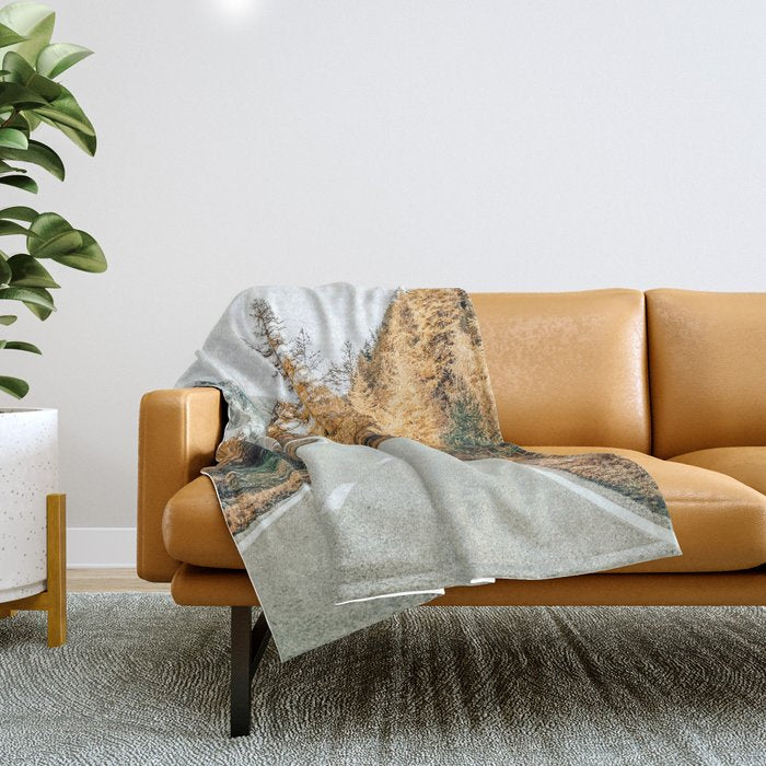 Snow + Golden Pine Photography Landscape Wall Decor, Scenic Nature Throw Blanket