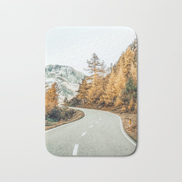 Snow + Golden Pine Photography Landscape Wall Decor, Scenic Nature Bath Mat
