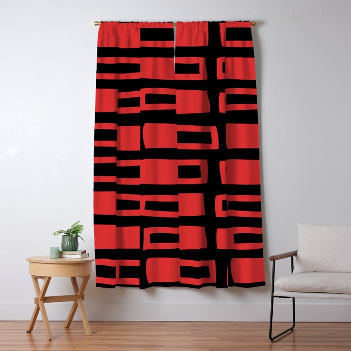 Mid Century Modern Abstract Squares Pattern 541 Black And Red Window Curtain