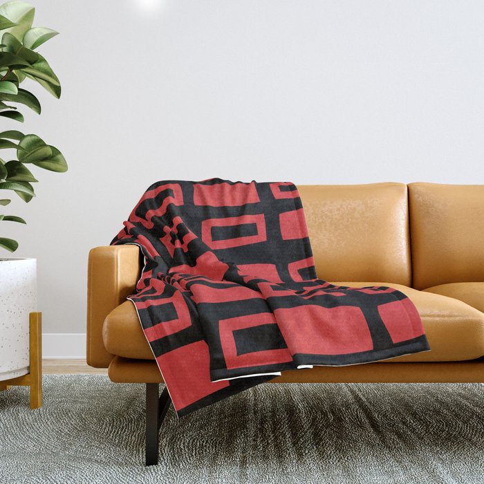 Mid Century Modern Abstract Squares Pattern 541 Black And Red Throw Blanket