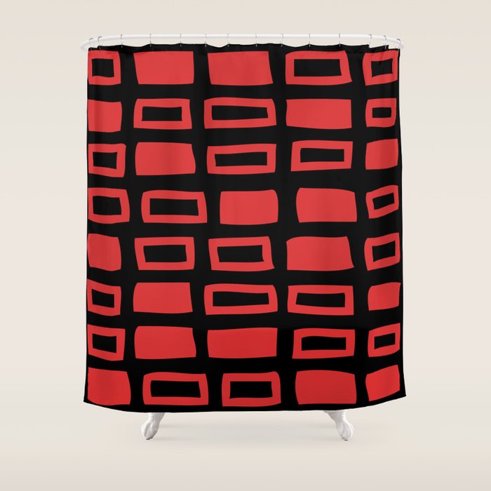 Mid Century Modern Abstract Squares Pattern 541 Black And Red Shower Curtain