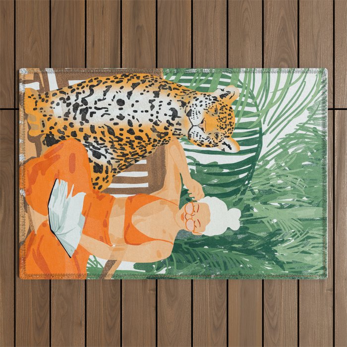 Jungle Vacay | Modern Bohemian Blonde Woman Tropical Travel | Leopard Wildlife Forest Reader Outdoor Rug