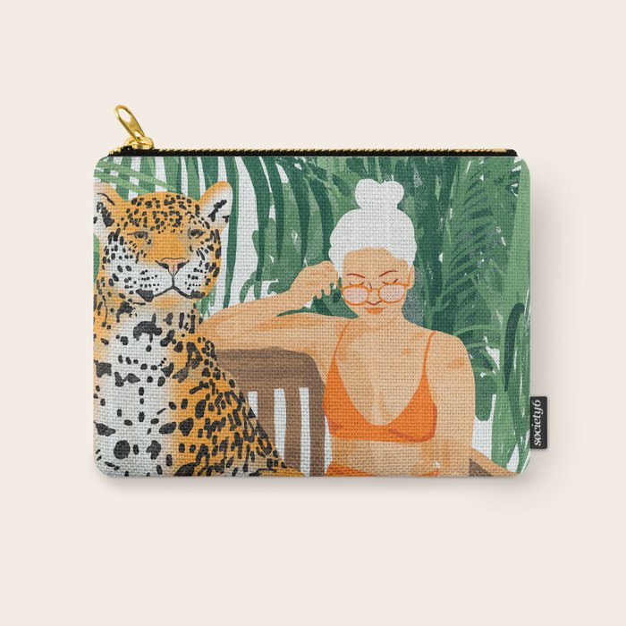 Jungle Vacay | Modern Bohemian Blonde Woman Tropical Travel | Leopard Wildlife Forest Reader Carry All Pouch