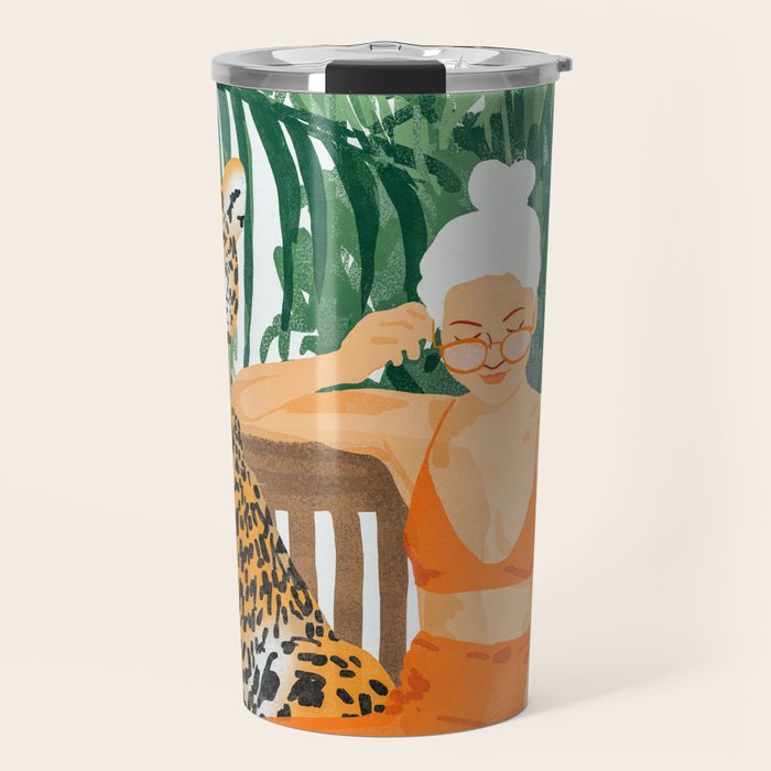 Jungle Vacay | Modern Bohemian Blonde Woman Tropical Travel | Leopard Wildlife Forest Reader Travel Mug