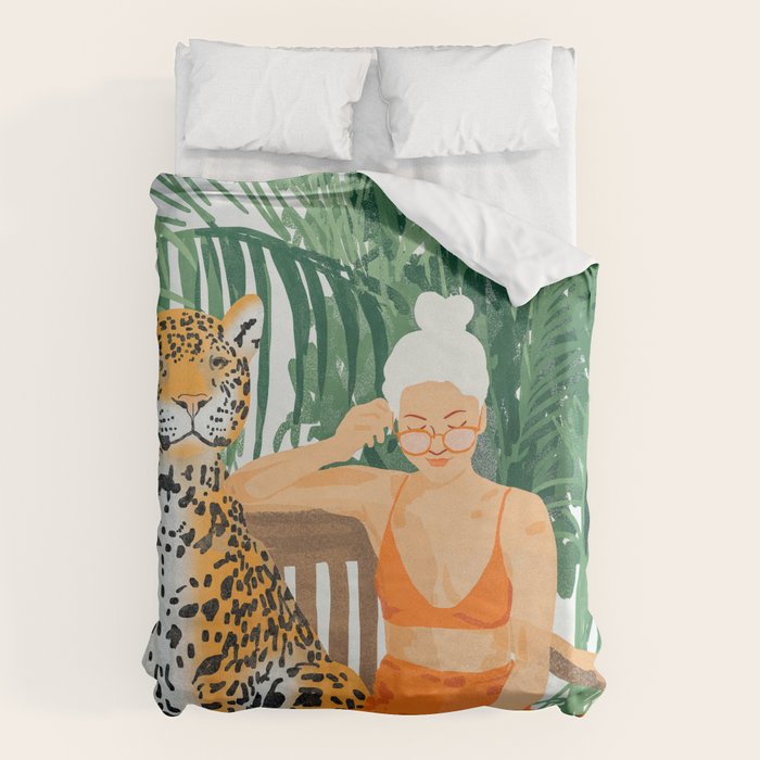 Jungle Vacay | Modern Bohemian Blonde Woman Tropical Travel | Leopard Wildlife Forest Reader Duvet Cover