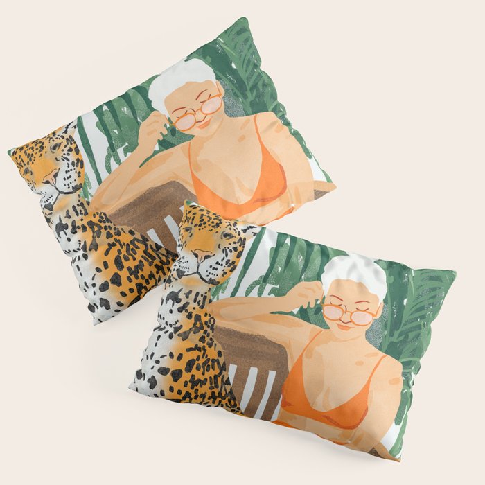 Jungle Vacay | Modern Bohemian Blonde Woman Tropical Travel | Leopard Wildlife Forest Reader Pillow Sham