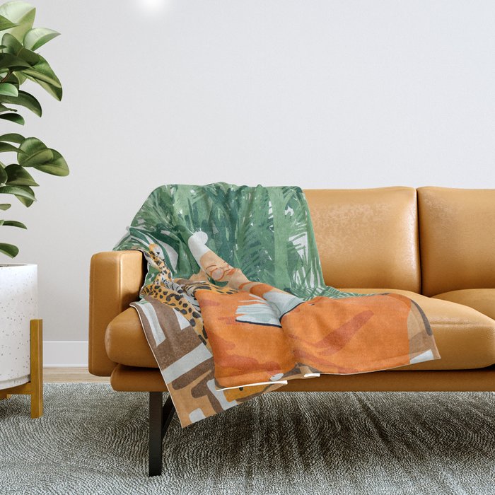 Jungle Vacay | Modern Bohemian Blonde Woman Tropical Travel | Leopard Wildlife Forest Reader Throw Blanket