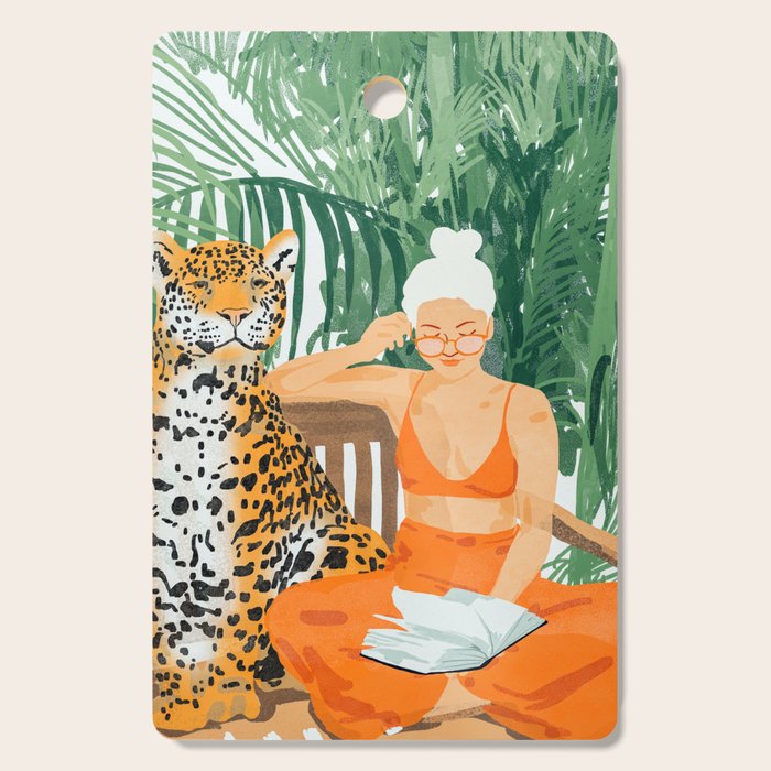 Jungle Vacay | Modern Bohemian Blonde Woman Tropical Travel | Leopard Wildlife Forest Reader Cutting Board