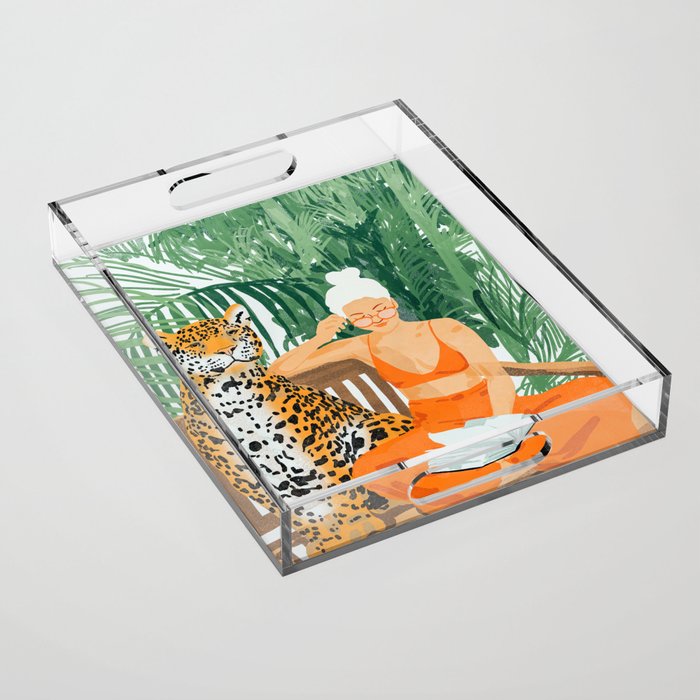 Jungle Vacay | Modern Bohemian Blonde Woman Tropical Travel | Leopard Wildlife Forest Reader Acrylic Tray