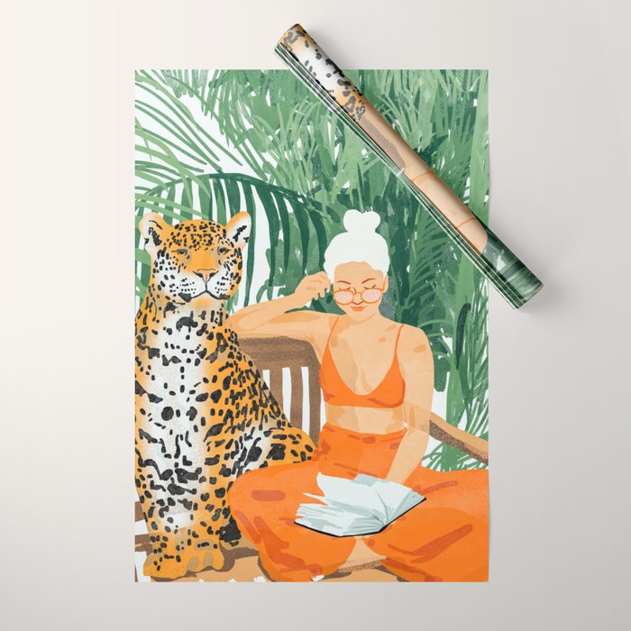 Jungle Vacay | Modern Bohemian Blonde Woman Tropical Travel | Leopard Wildlife Forest Reader Wrapping Paper