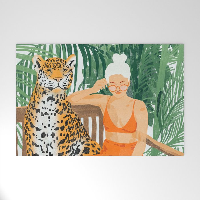 Jungle Vacay | Modern Bohemian Blonde Woman Tropical Travel | Leopard Wildlife Forest Reader Welcome Mat