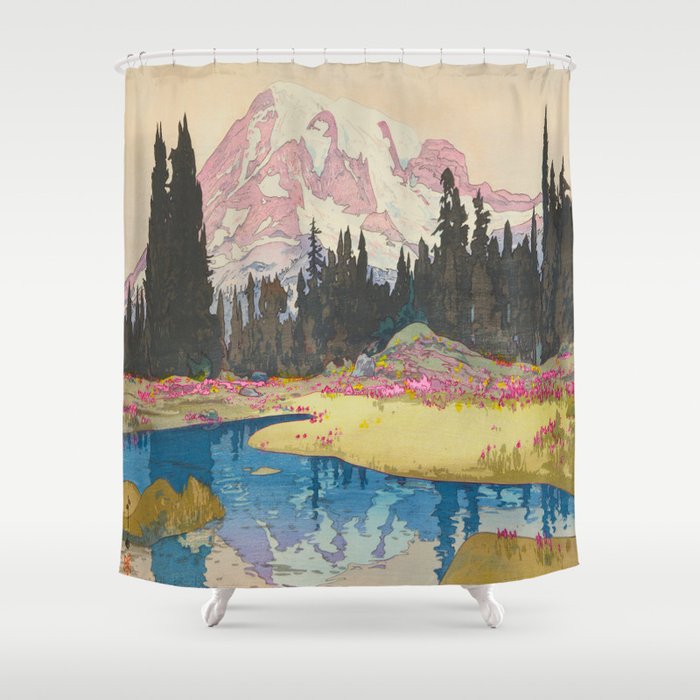 Mount Rainier Vintage Beautiful Japanese Woodblock Print Hiroshi Yoshida Shower Curtain