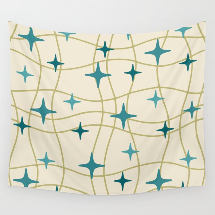 Mid Century Modern Cosmic Star Pattern 693 Cream Turquoise Olive Wall Tapestry