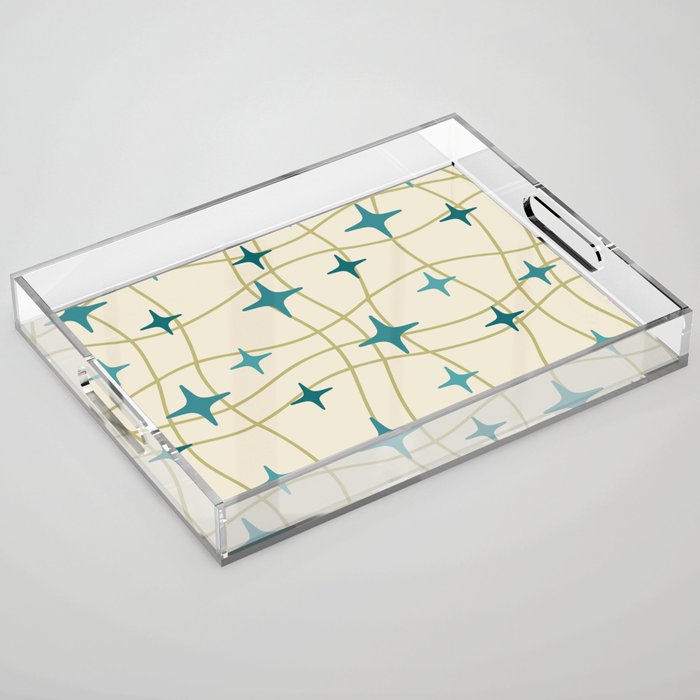 Mid Century Modern Cosmic Star Pattern 693 Cream Turquoise Olive Acrylic Tray