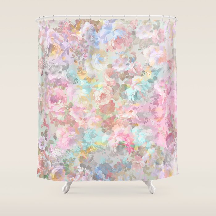 Shabby Vintage Pink Baby Blue Watercolor Floral Shower Curtain