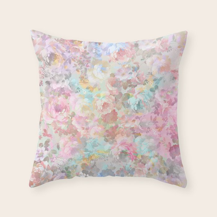 Shabby Vintage Pink Baby Blue Watercolor Floral Throw Pillow