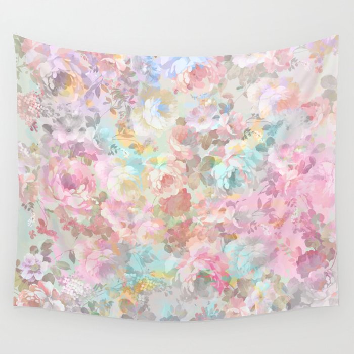Shabby Vintage Pink Baby Blue Watercolor Floral Wall Tapestry
